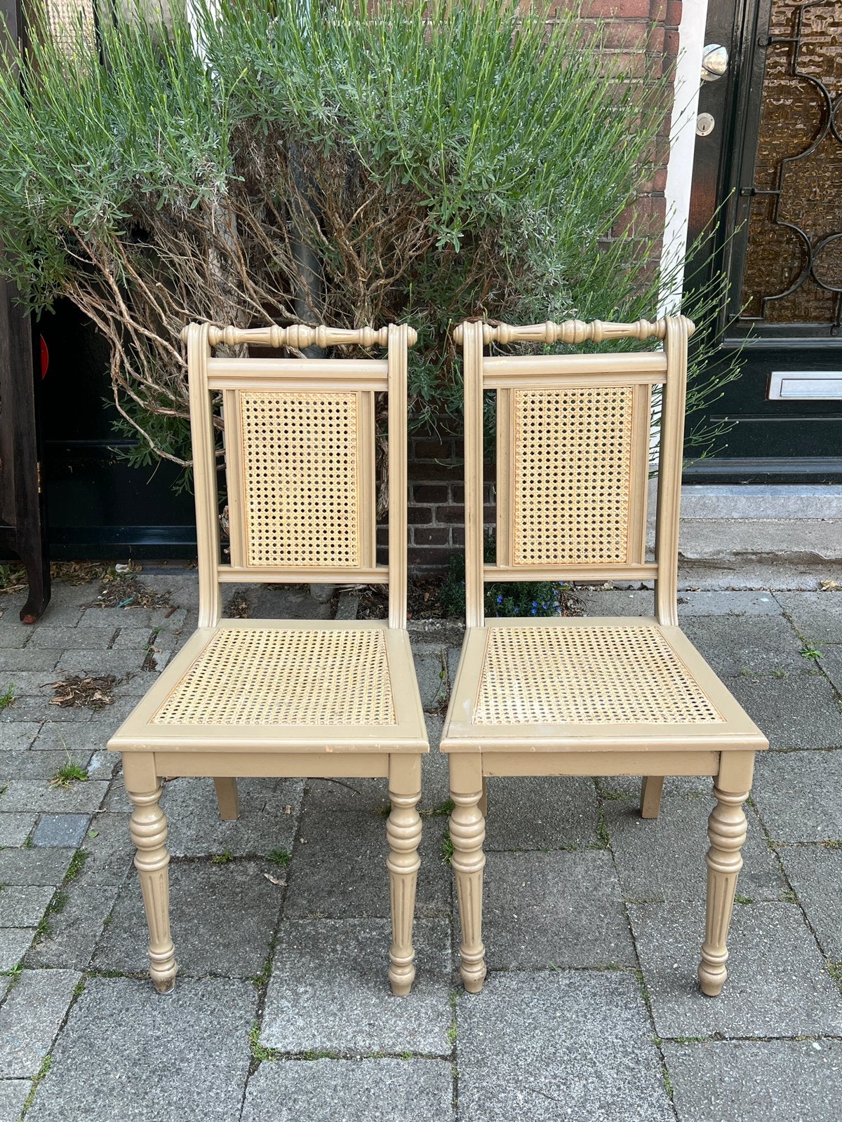 Vintage hollywood regency eetkamerstoelen webbing creme wit, Ophalen, Gebruikt, Twee, Bruin