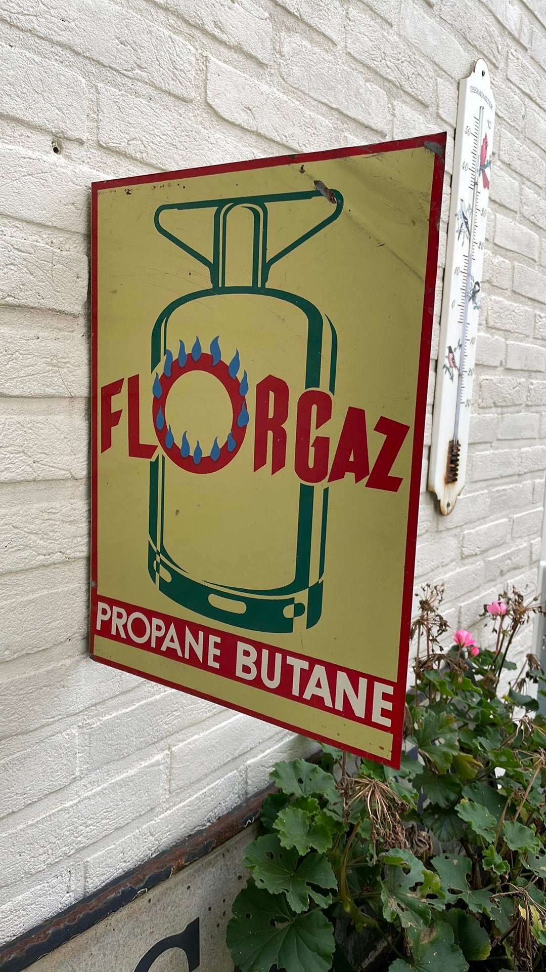 Antiek metalen dubbelzijdig uithangbord Florgaz Propane, Ophalen of Verzenden, Gebruikt, Reclamebord