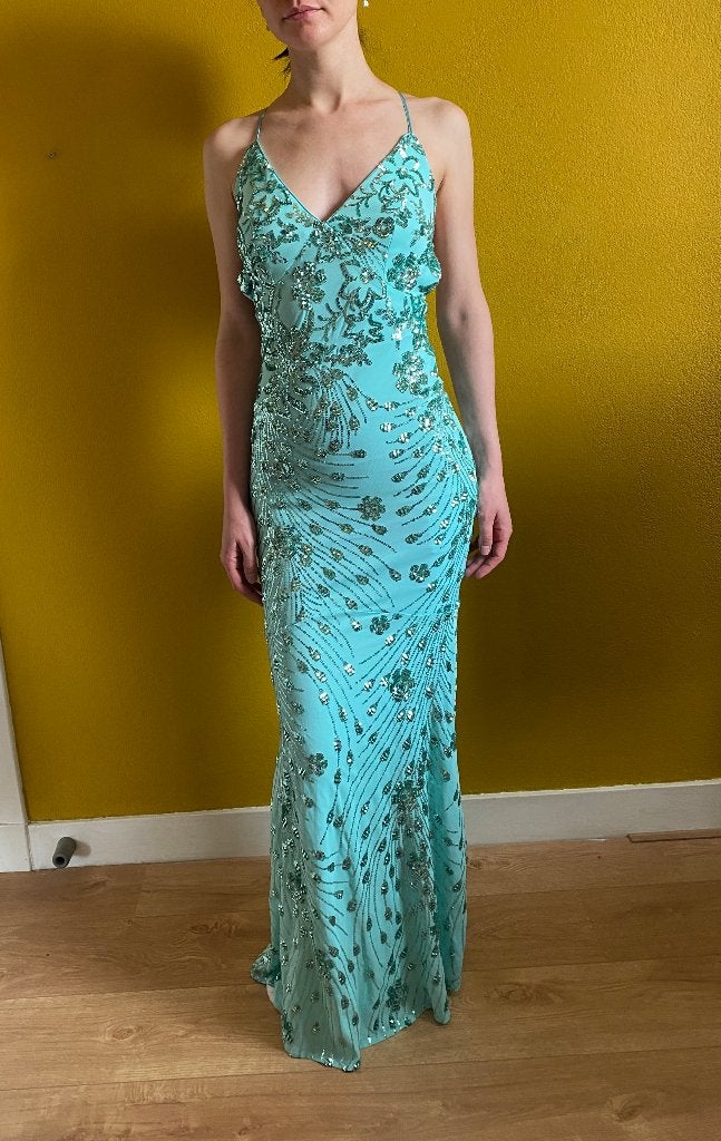 Emilia Dell'Oro Turquoise Galajurk | XS (36), Kleding | Dames, Jurken, Ophalen, Blauw, Zo goed als nieuw, Maat 34 (XS) of kleiner