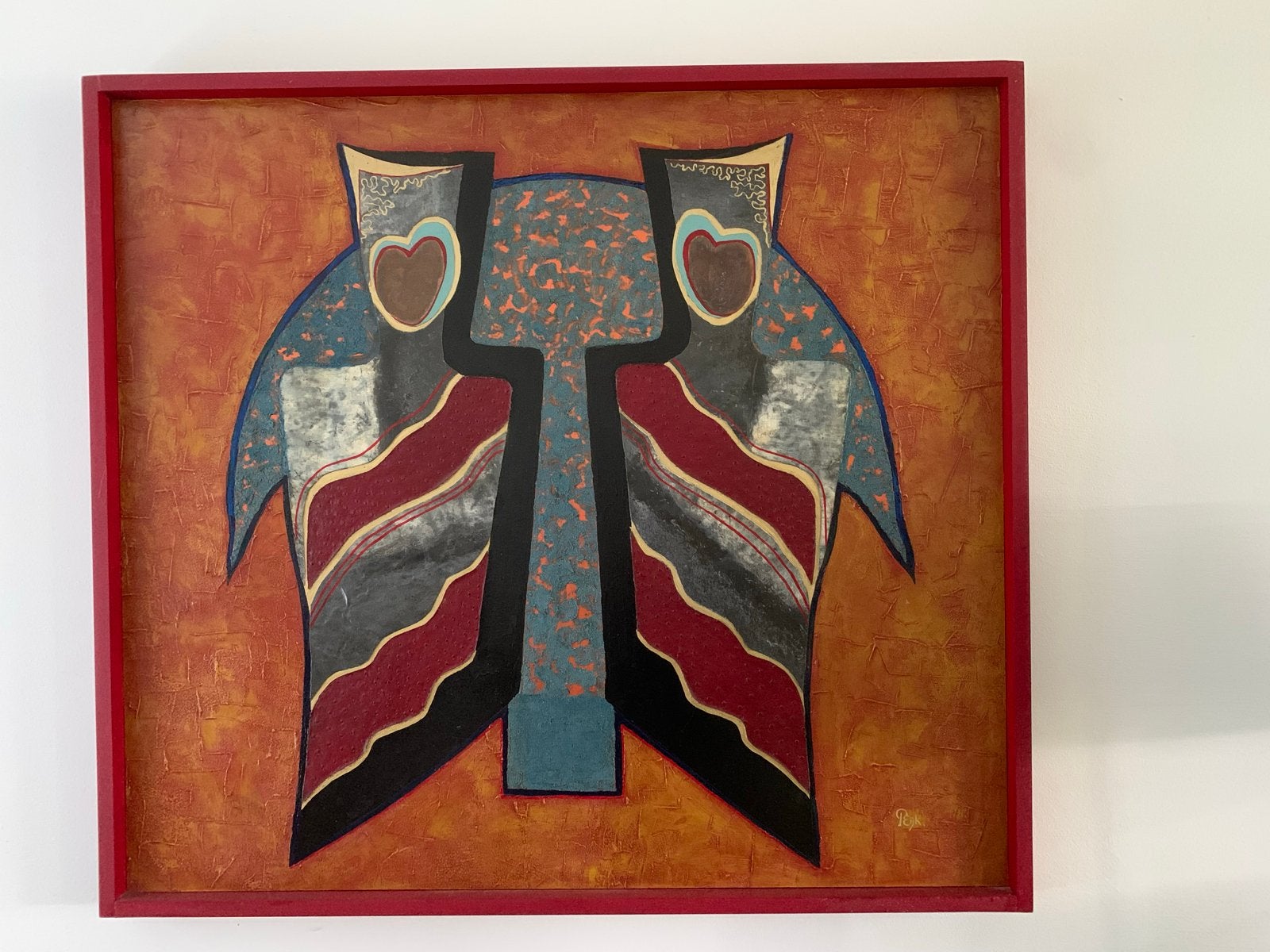 Abstract schilderij van Peijk, verf en leer, rode lijst, Ophalen, Abstract, Gesigneerd, Gemengde techniek