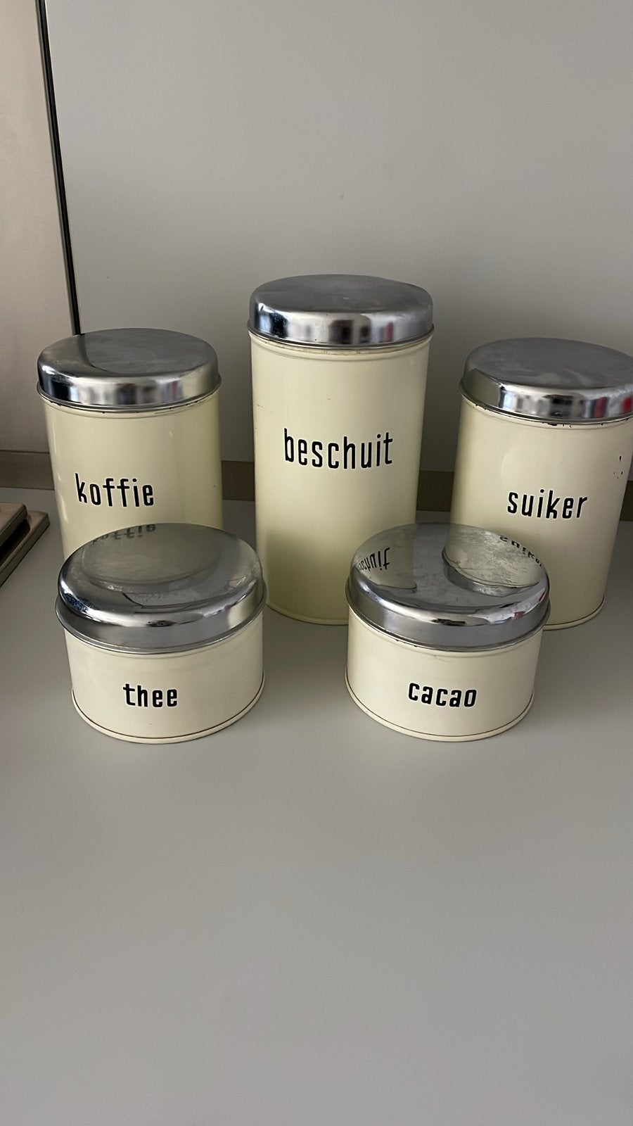 Vintage Brabantia voorraad bussen (koffie, thee, suiker, bes, Ophalen