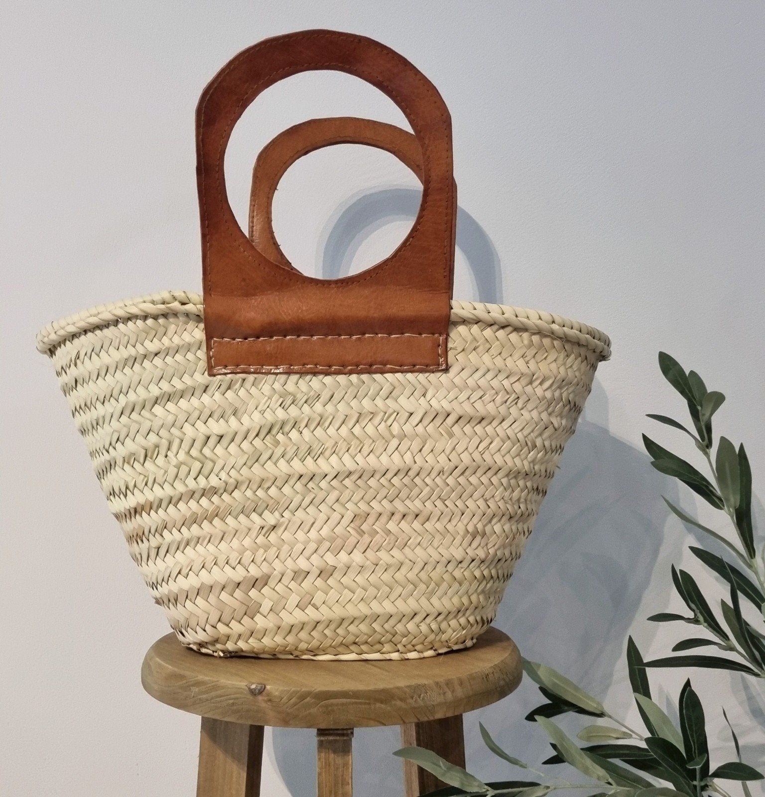 Stro strandtas met leren handvatten, Ophalen of Verzenden, Zo goed als nieuw, Beige, Shopper