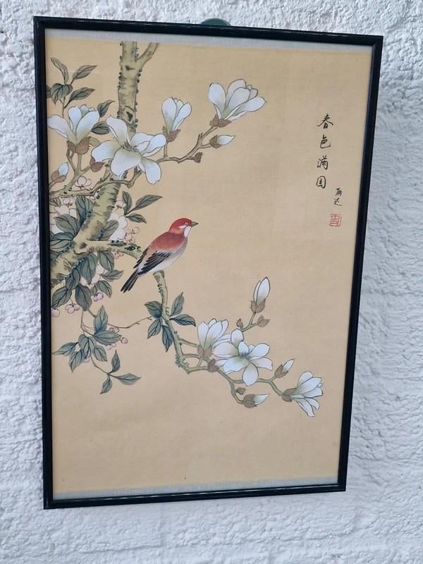 Vintage Chinees schilderij – vogel & bloesem (lente), Ophalen of Verzenden
