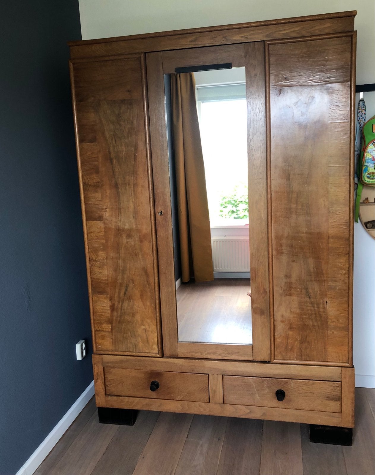 Vintage kledingkast met spiegel en lades, Huis en Inrichting, Kasten | Kledingkasten, Ophalen, Gebruikt, Eikenhout, 150 tot 200 cm