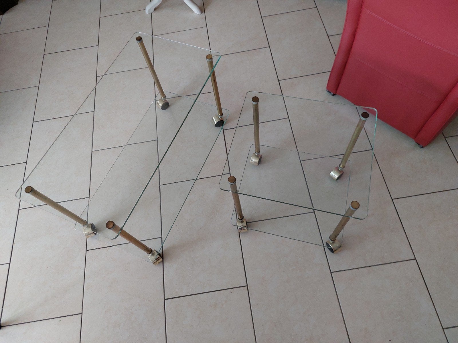 Glazen salontafel met messing poten op wieltjes, Ophalen, Modern, Klassiek, Gebruikt, 50 tot 100 cm