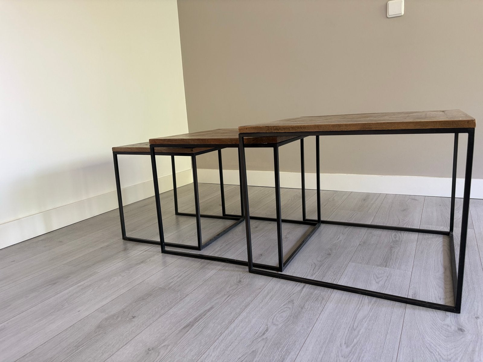 Set van 3 salontafels - Hout en Metaal - 60x60, 50x50, 40x40, Huis en Inrichting, Tafels | Bijzettafels, Ophalen, Minder dan 45 cm