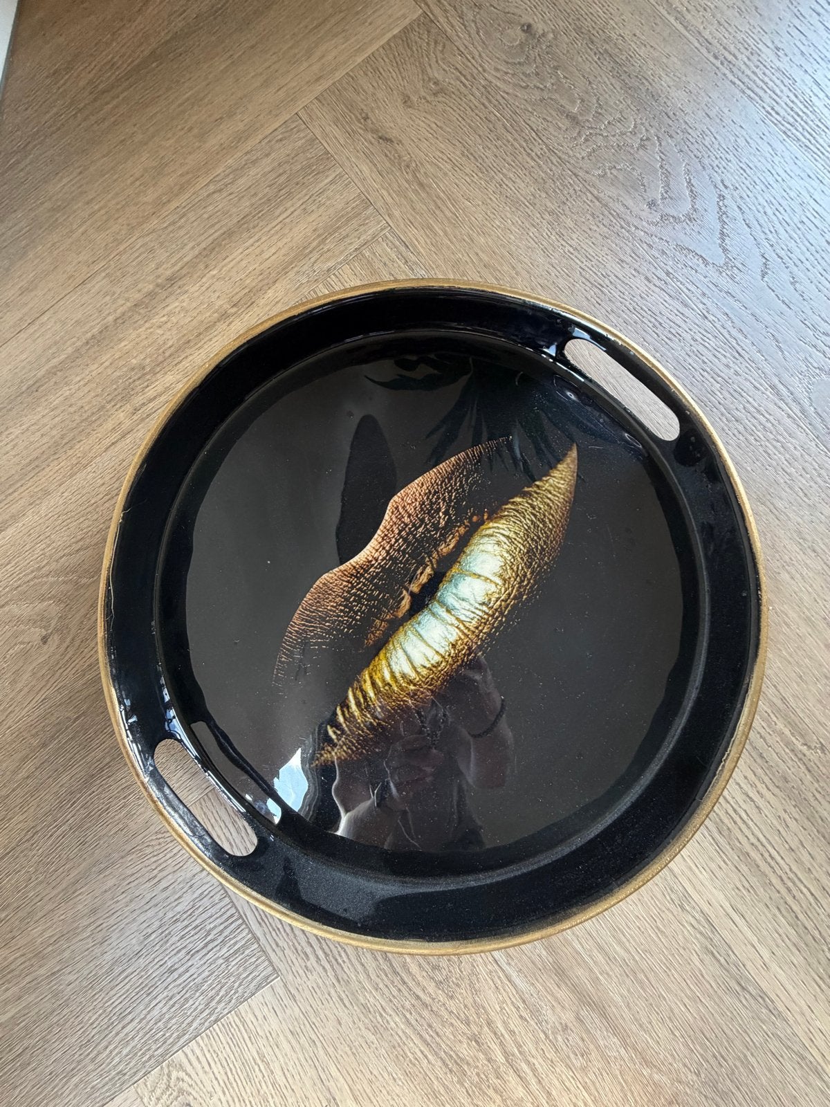 Rond dienblad met gouden rand en print, Overige materialen, Gebruikt, Rond, Ophalen of Verzenden