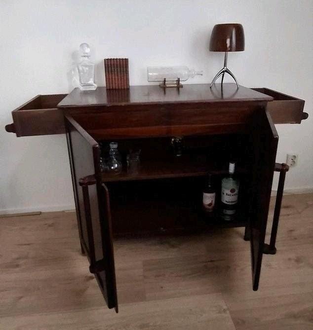 Antieke mahonie massief houten (drank)kast met 2 zijladen, Ophalen, Gebruikt, Met deur(en), Vintage