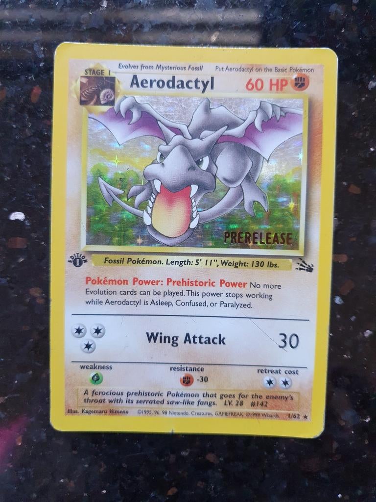 Aerodactyl 1ste edition 1/62 prerelease pokemon kaart, Ophalen of Verzenden, Zo goed als nieuw