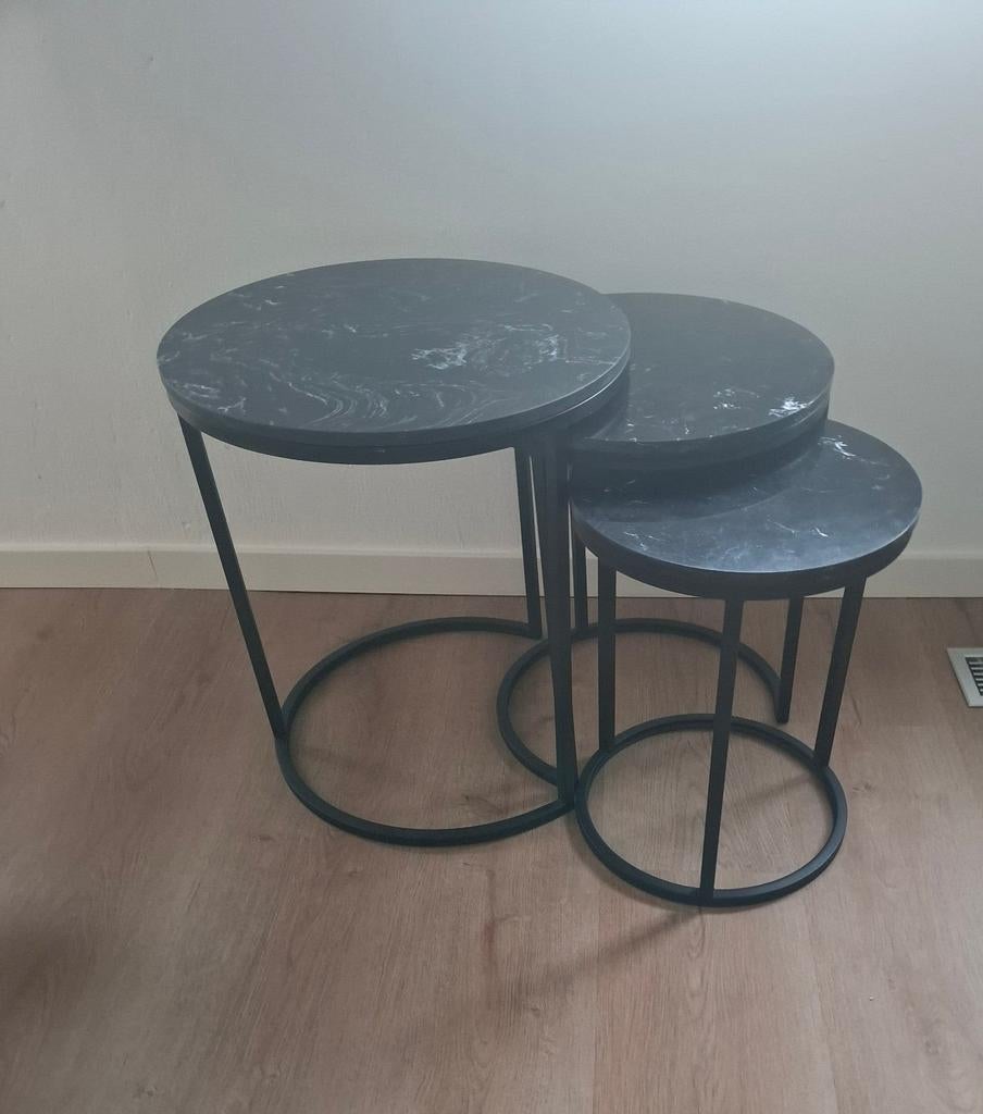 Set van 3 Marmerlook stenen tafeltjes, Huis en Inrichting, Tafels | Bijzettafels, Ophalen, Rond, Minder dan 55 cm, 45 tot 60 cm