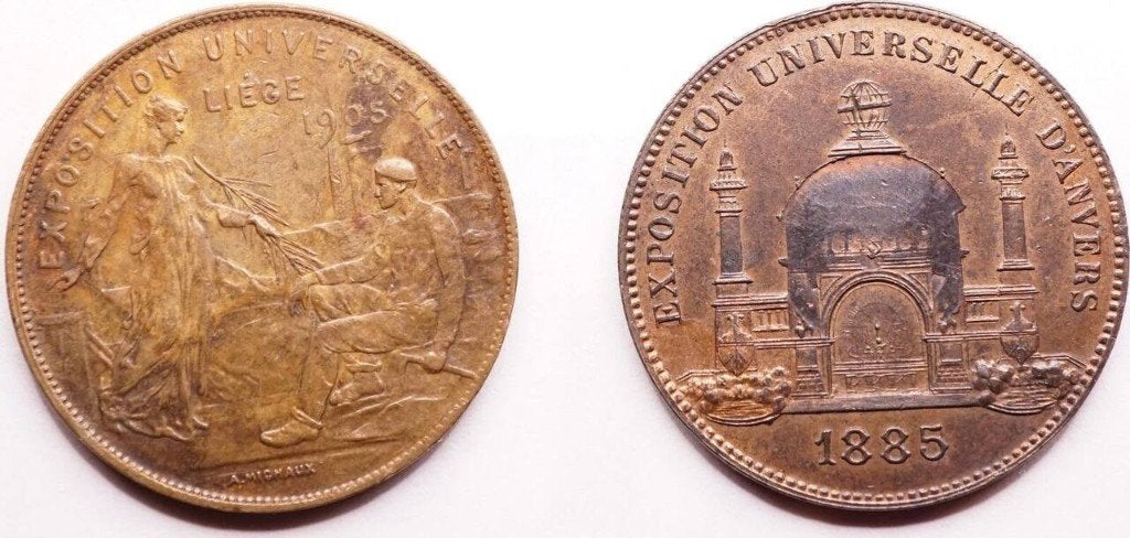 2 jetons 1885 en 1905, Wereldtentoonstelling Antwerpen, Luik, Ophalen of Verzenden, België, Setje