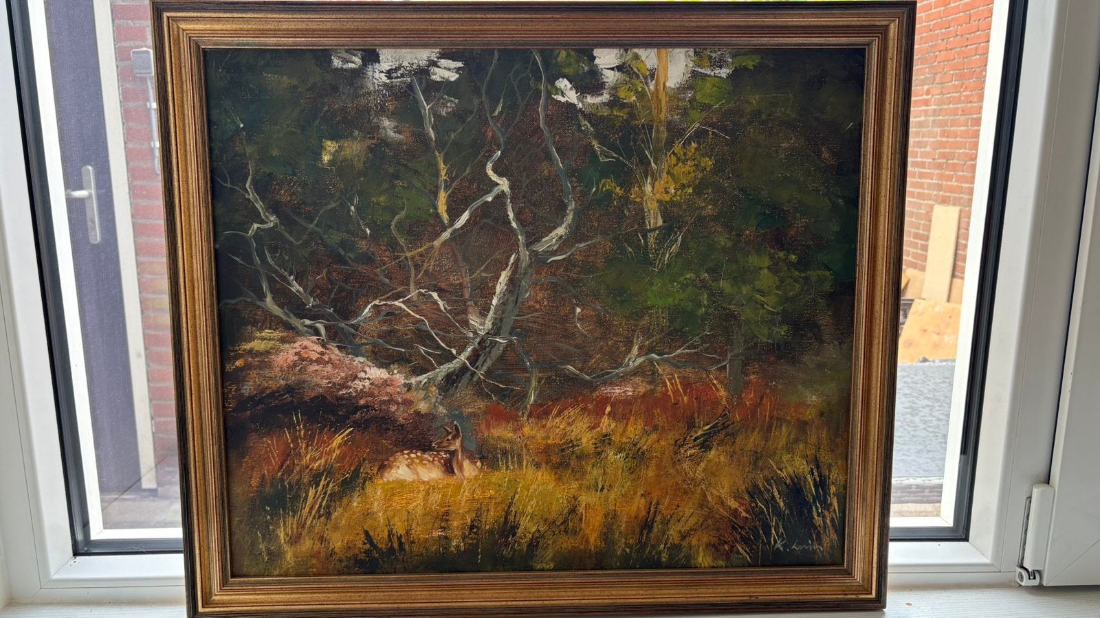 Schilderij 'Hert in Bos' - Olieverf op doek, gesigneerd, Ophalen, Doek, Realistisch, Dieren