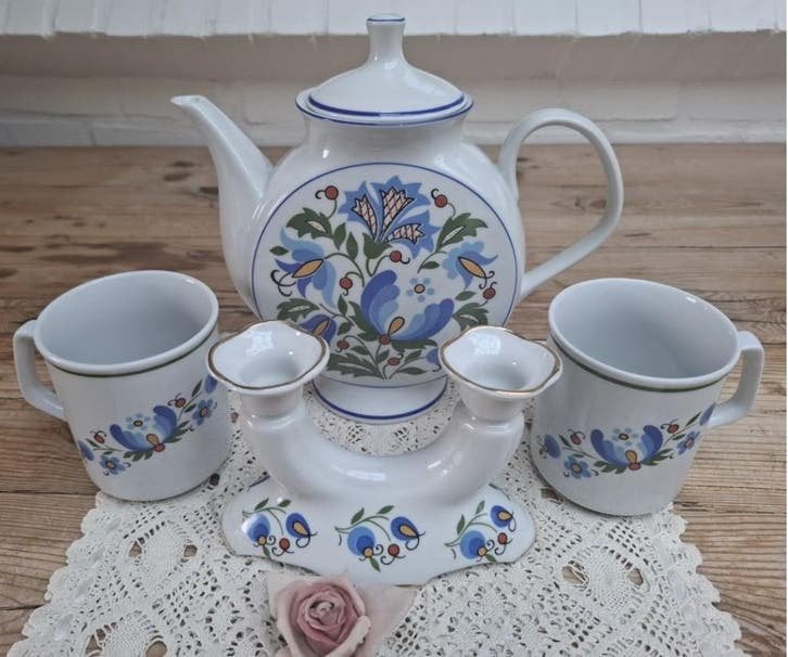 Vintage Poolse Lubiana kandelaar, koffiepot + 2 mokken, Ophalen of Verzenden