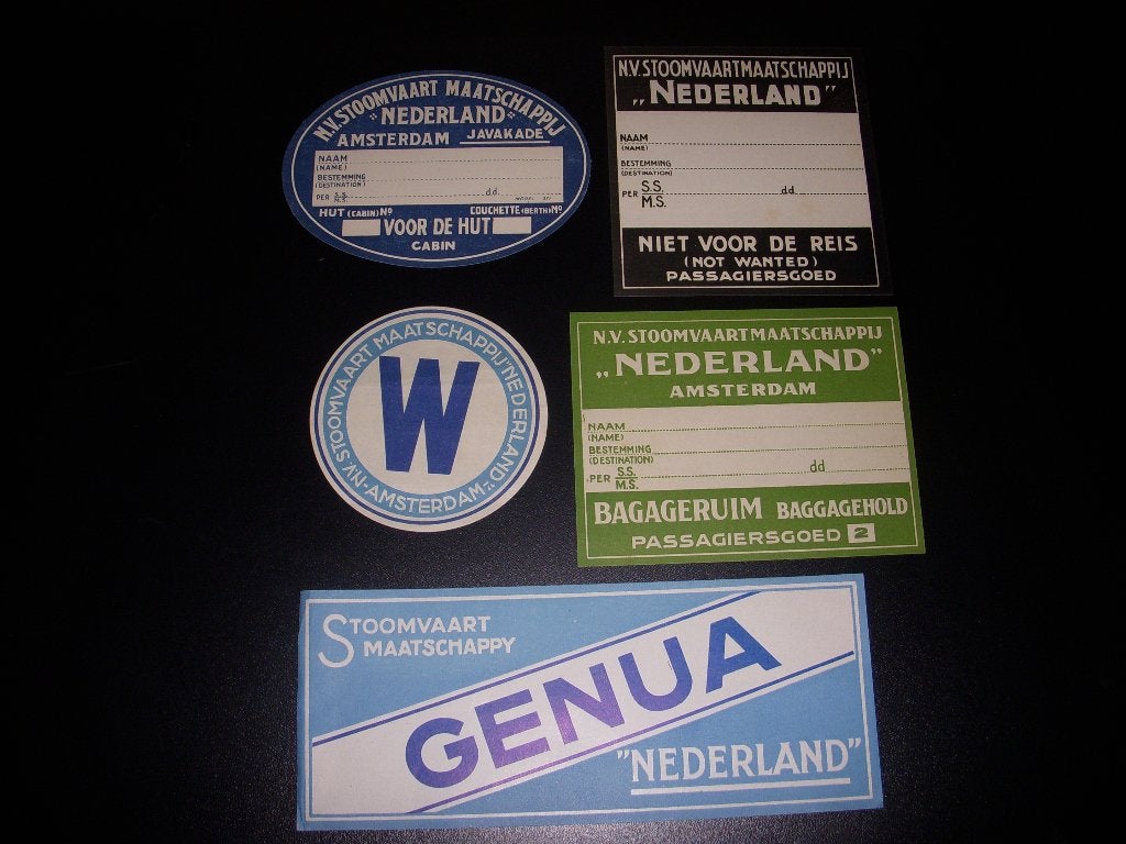 5 Jaren 30 kofferlabels Stoomvaart Maatschappij Nederland, Verzamelen, Ophalen of Verzenden, Gebruikt, Motorboot, Gebruiksvoorwerp