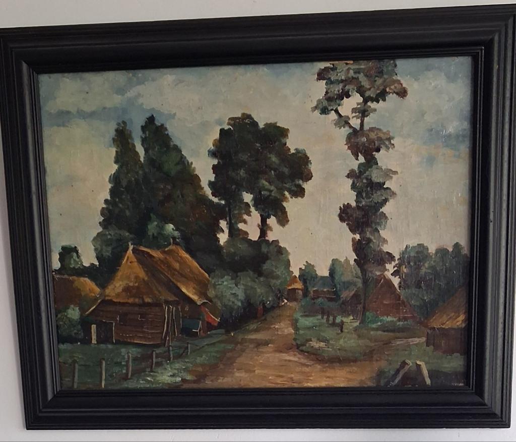 Langs de oude hoeves.  Ca '30/'40. Olie/doek.  47/38 cm., Ophalen