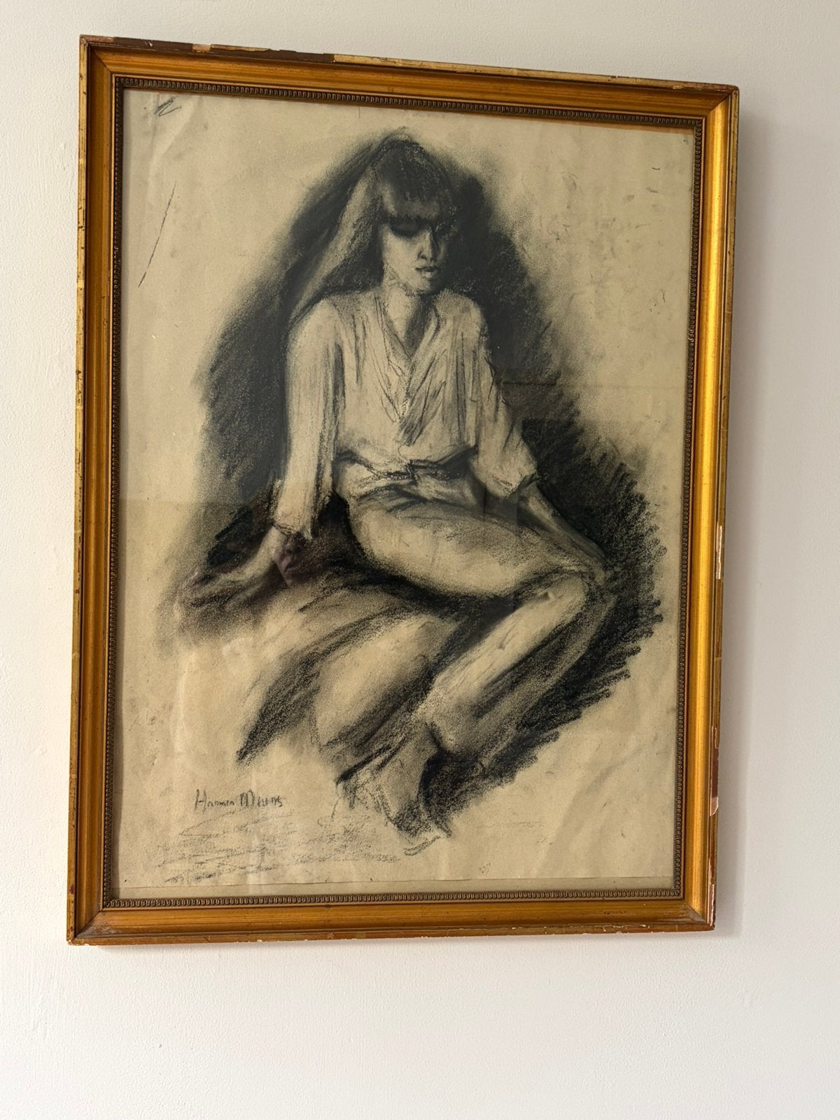 Houtskool tekening Josepha Mendels door Harmen Meurs 1936, Ophalen of Verzenden, Tekening, Houtskooltekening, Achter glas