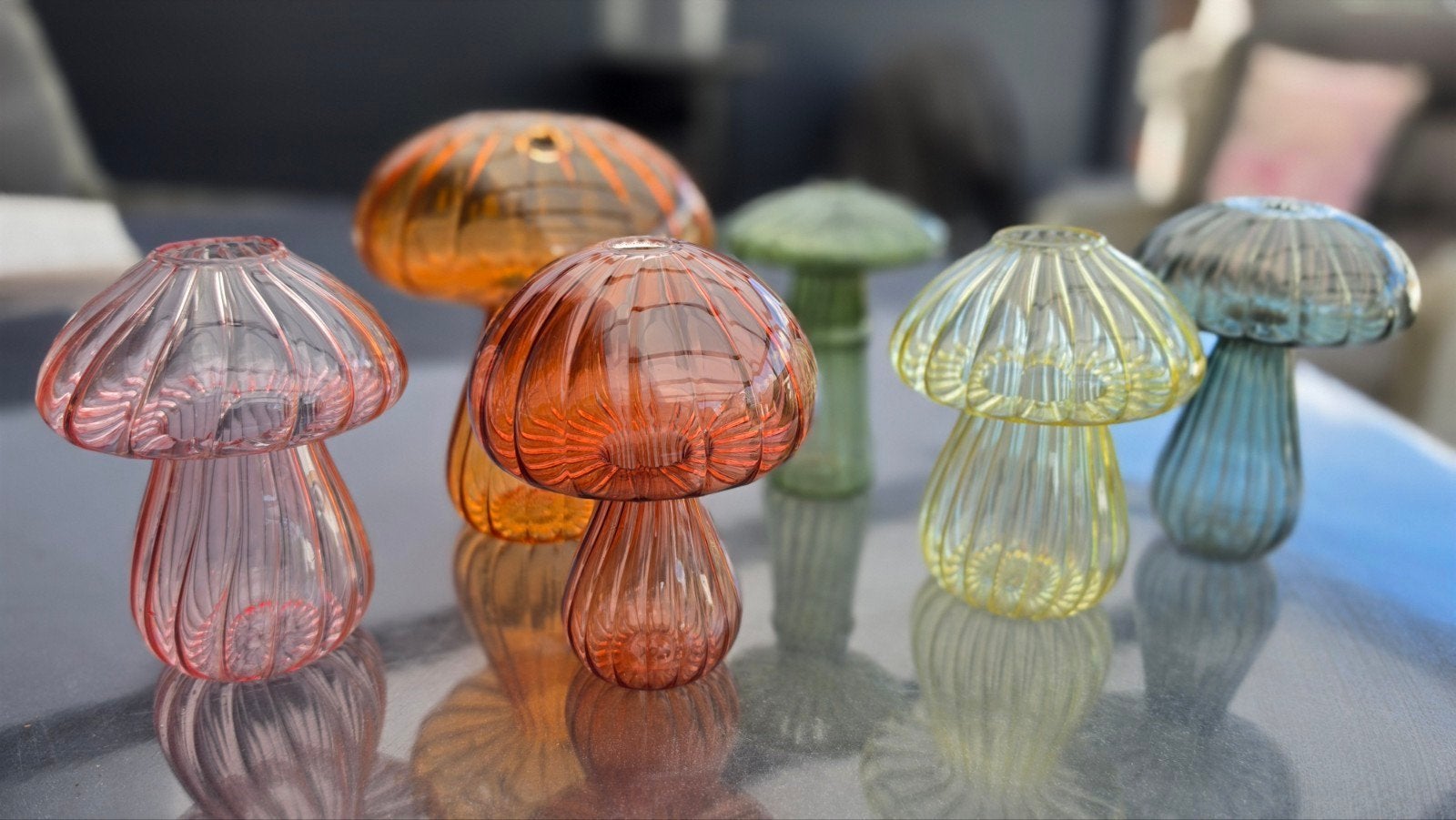 Set van 6 glazen paddestoel decoraties, Antiek en Kunst, Ophalen of Verzenden