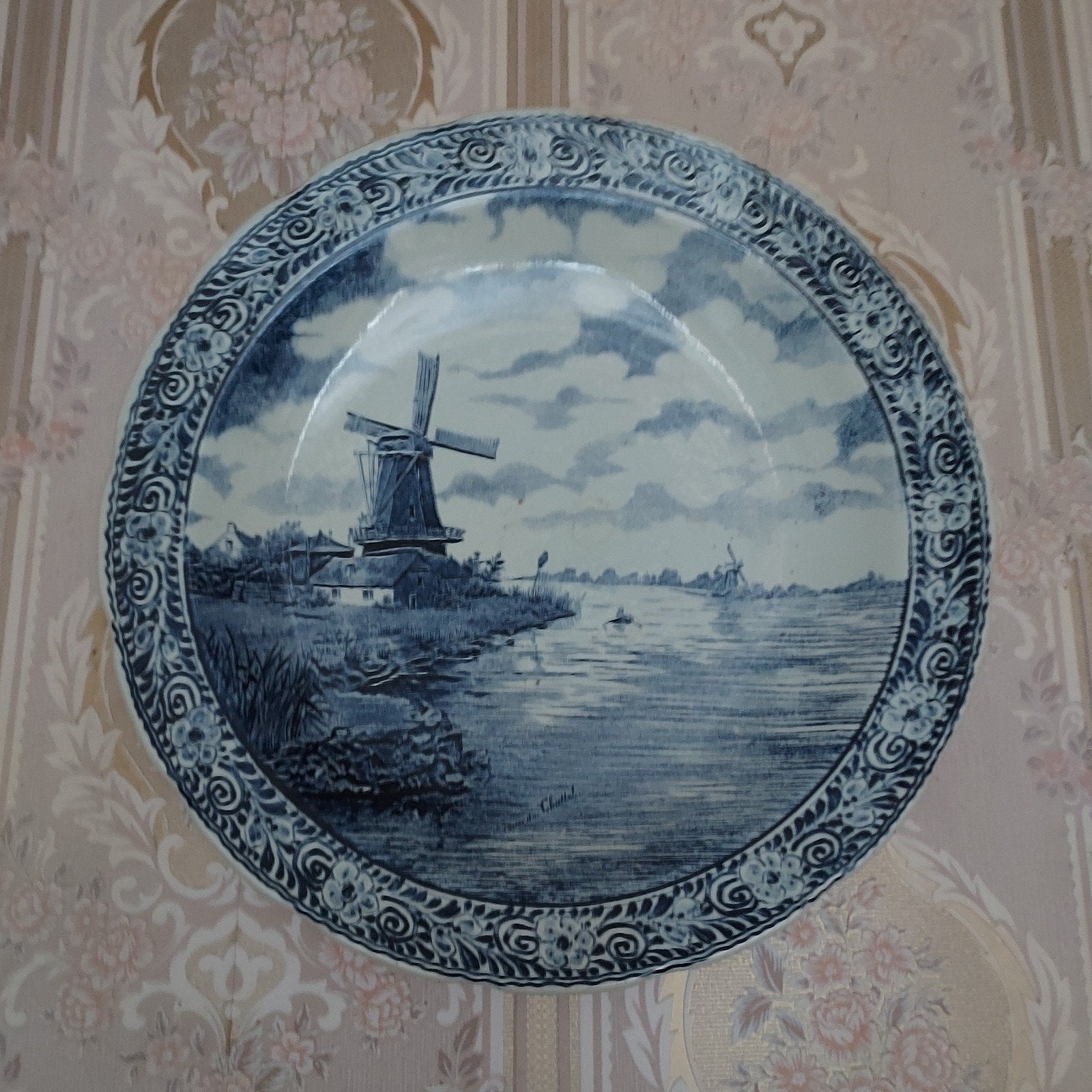 Boch Belgium Delfts Blauw Wandbord met Molenlandschap, Ophalen