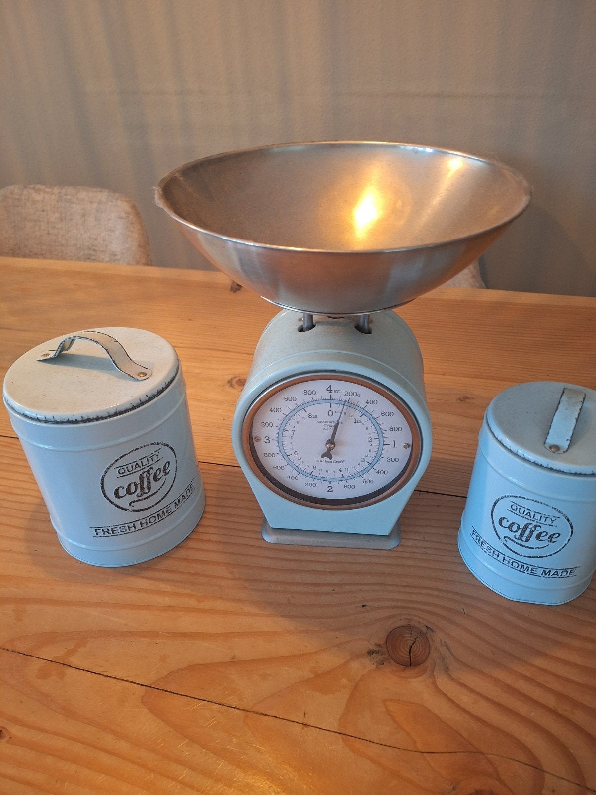 Metalen weegschaal met koffie potten, Ophalen, Personenweegschaal, Minder dan 10 kg