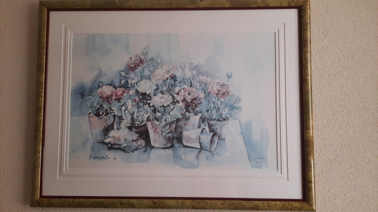 Aquarel Bloemen in Potten - Gesigneerd Coraline '91, Antiek en Kunst, Realistisch, Gedateerd, Aquarel, Papier