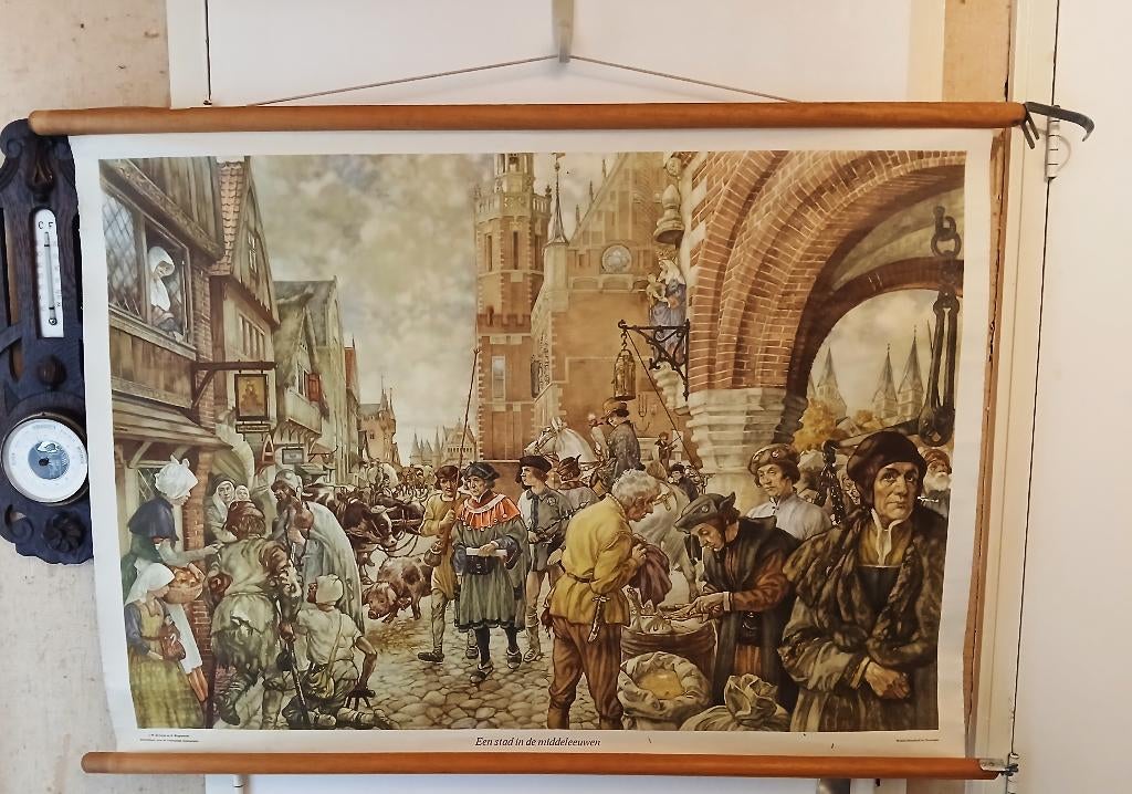 Originele schoolplaat op linnen rol Stad in de Middeleeuwen, Ophalen of Verzenden
