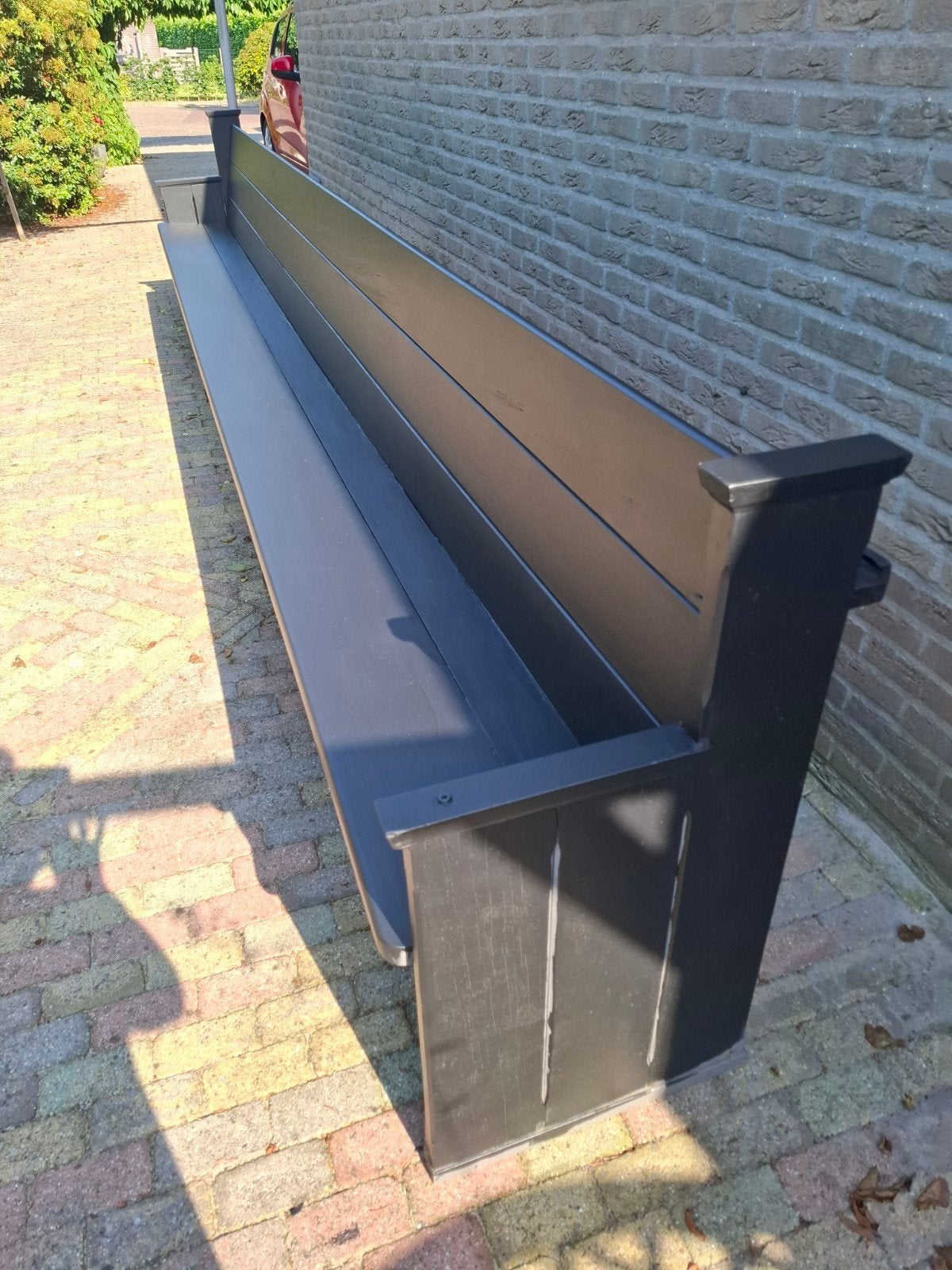 Lange houten kerkbank - Zwart geverfd, Tuin en Terras, Tuinbanken, Ophalen of Verzenden, Gebruikt, Hout