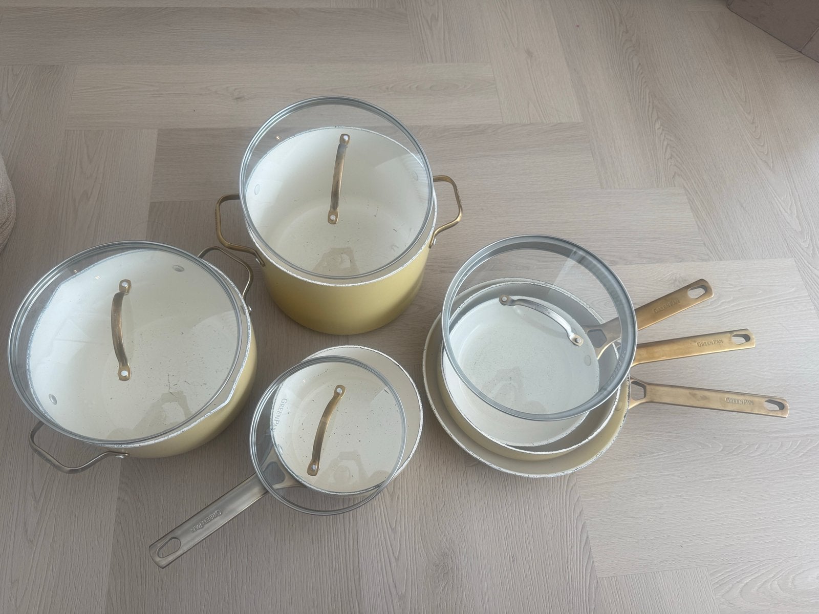 Greenpan geel set compleet - pfas vrij, Huis en Inrichting, Keuken | Potten en Pannen, Overige materialen, Gebruikt, Pannenset