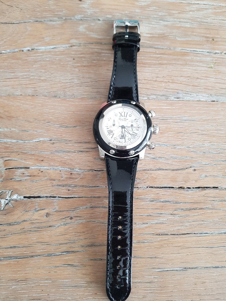 Glam Rock dameshorloge kwarts zwart/zilver, z.g.a.n., Leer, Staal, Polshorloge, Zo goed als nieuw