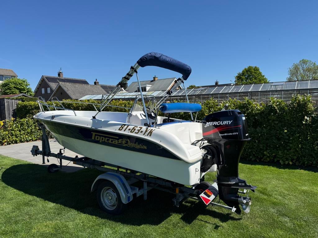 Consoleboot Topcraft 460 Revolution Mercury 50 pk en trailer, Watersport en Boten, Ophalen, Gebruikt, 30 tot 50 pk, Tot 6 meter
