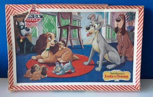 Oude houten puzzel Lady and the Tramp/Ponda Jigsaw/Disney, Gebruikt, 10 tot 50 stukjes, Ophalen of Verzenden, Van hout