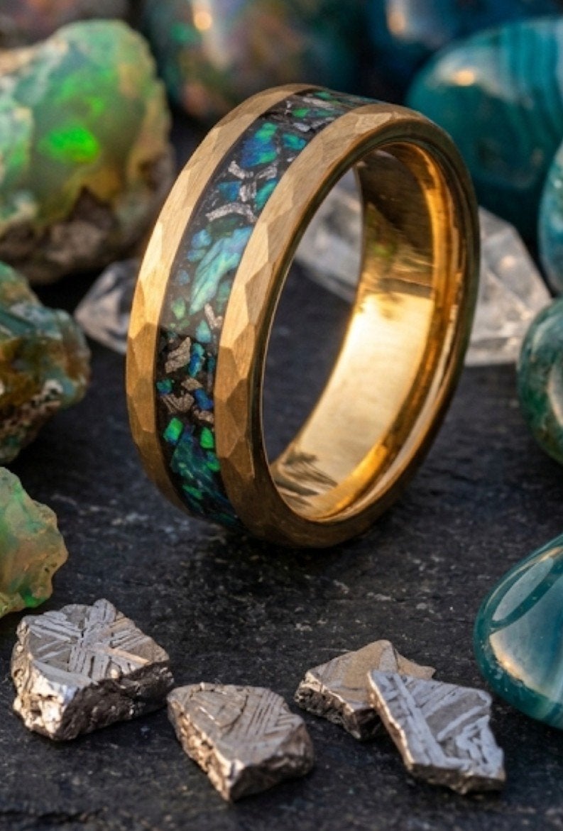 Muonionalusta meteoriet en groenblauw opaal in goud tungsten, Ophalen of Verzenden