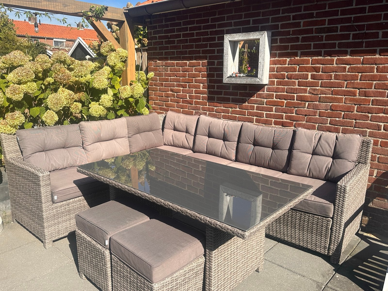 Lounge- en tuinset van wicker met glazen tafel, Ophalen, Gebruikt, Meer dan 8 zitplaatsen, Loungeset
