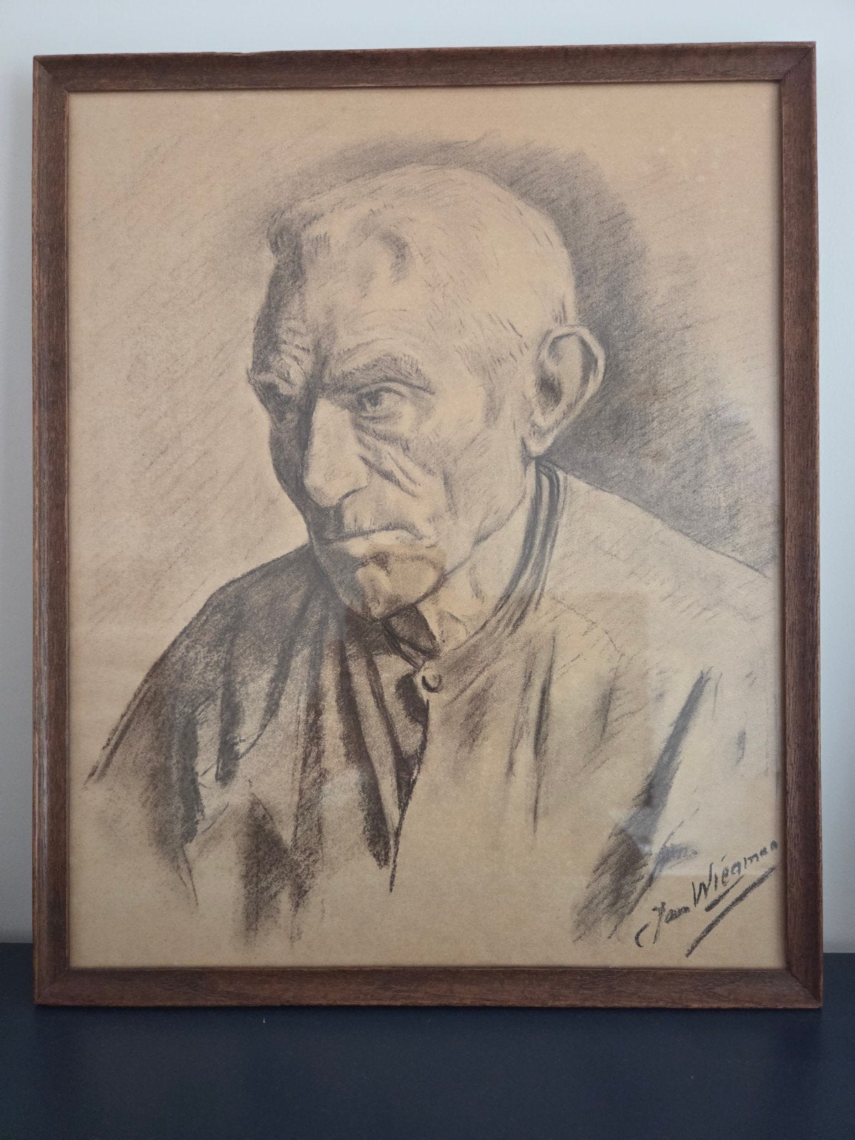 Jan Wiegman (Droste mannetje) - Portret van een man, Ophalen of Verzenden, Tekening, Houtskooltekening, Gesigneerd