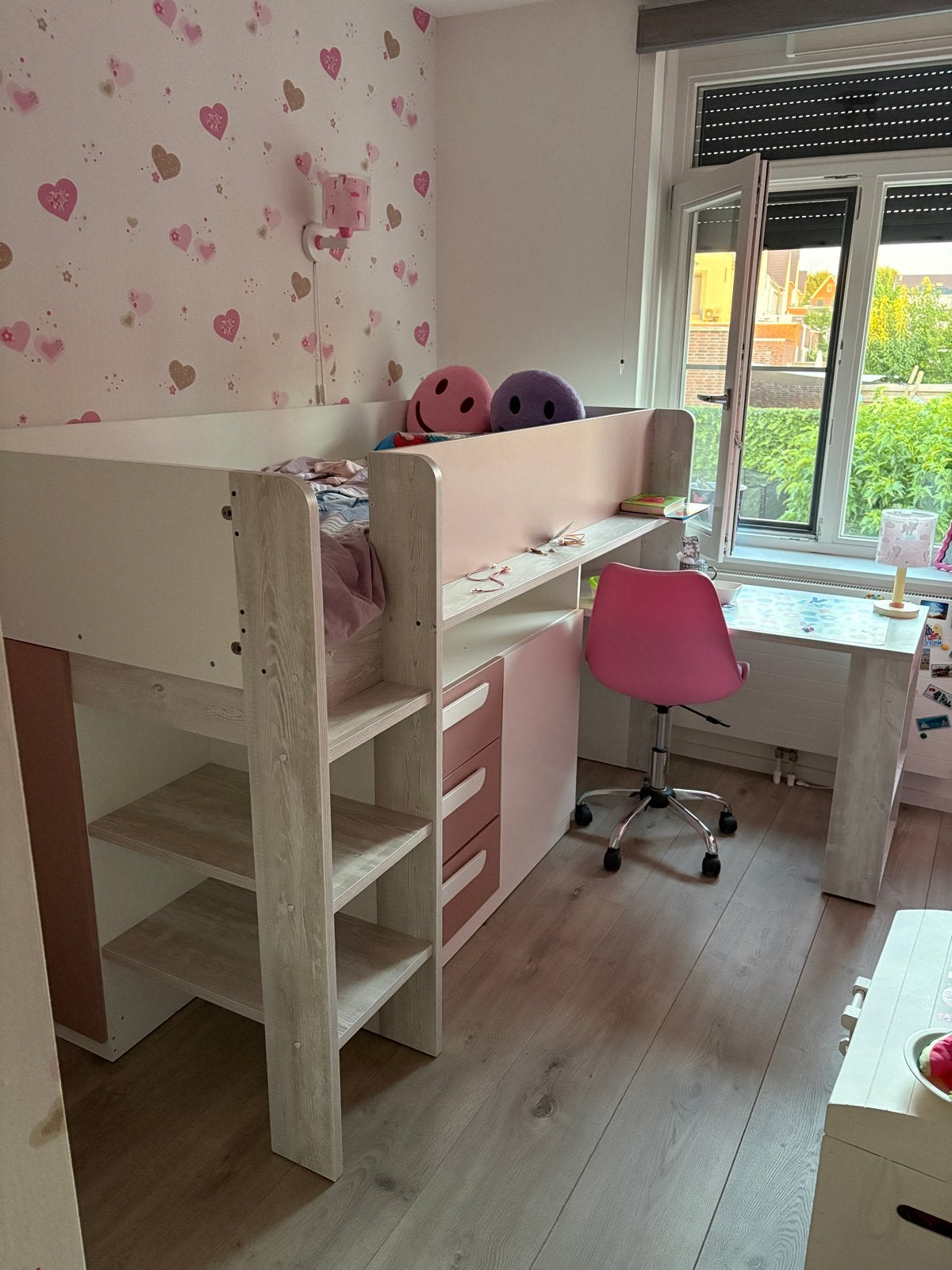 Yolo Halfhoogslaper 90x200 cm oudroze met bureau en kast, Huis en Inrichting, Ophalen, 100 cm, Eenpersoons, Minder dan 160 cm