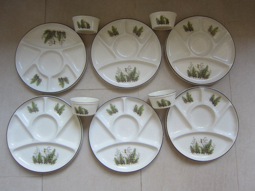 gourmet borden 6 stuks met sausbakjes botanische varens, Ophalen of Verzenden, Zo goed als nieuw, 4 t/m 7 personen