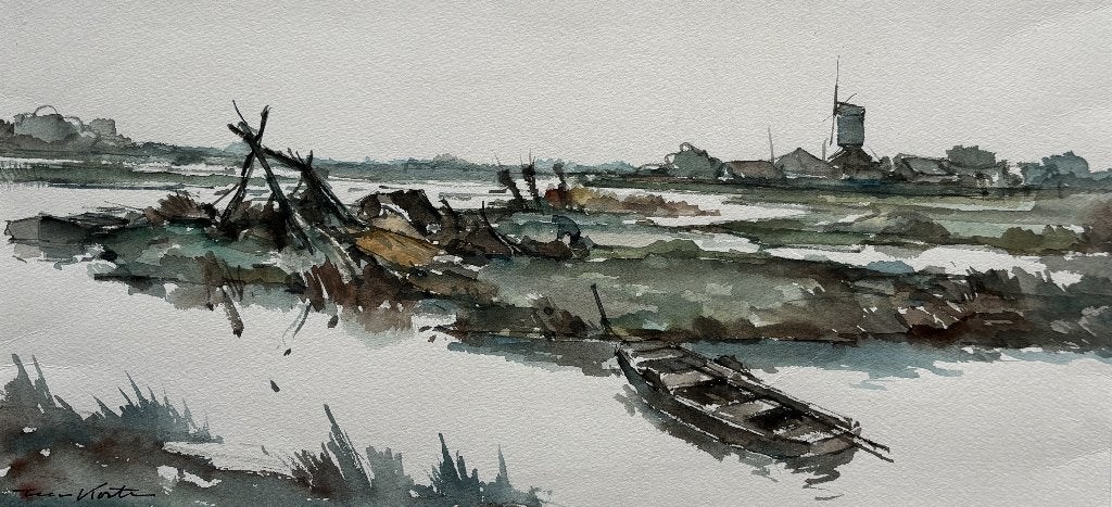 Toon Koster (1913-1989)  - Polderlandschap met molen, Antiek en Kunst, Ophalen of Verzenden, Schilderij, Aquarel, Handgemaakt