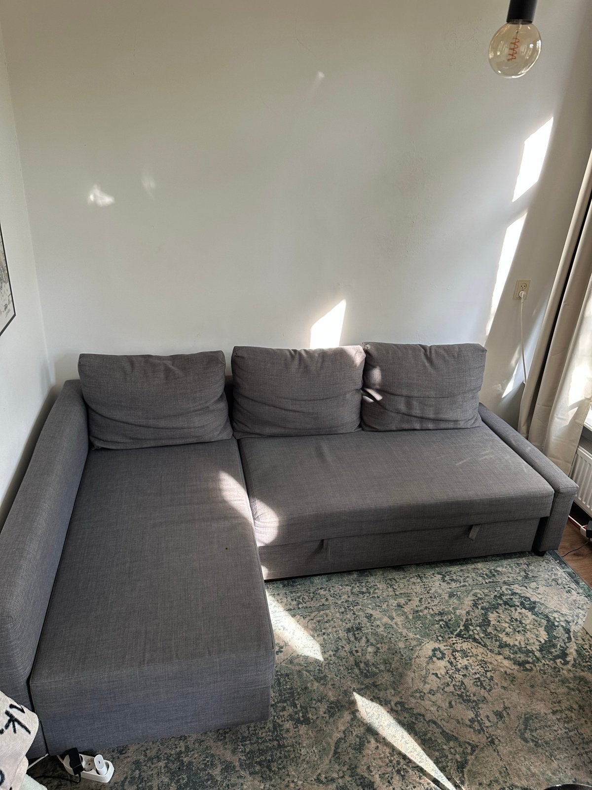 IKEA FRIHETEN hoekslaapbank met opberger, donkergrijs, Ophalen, Gebruikt, Hoekbank, Driepersoons