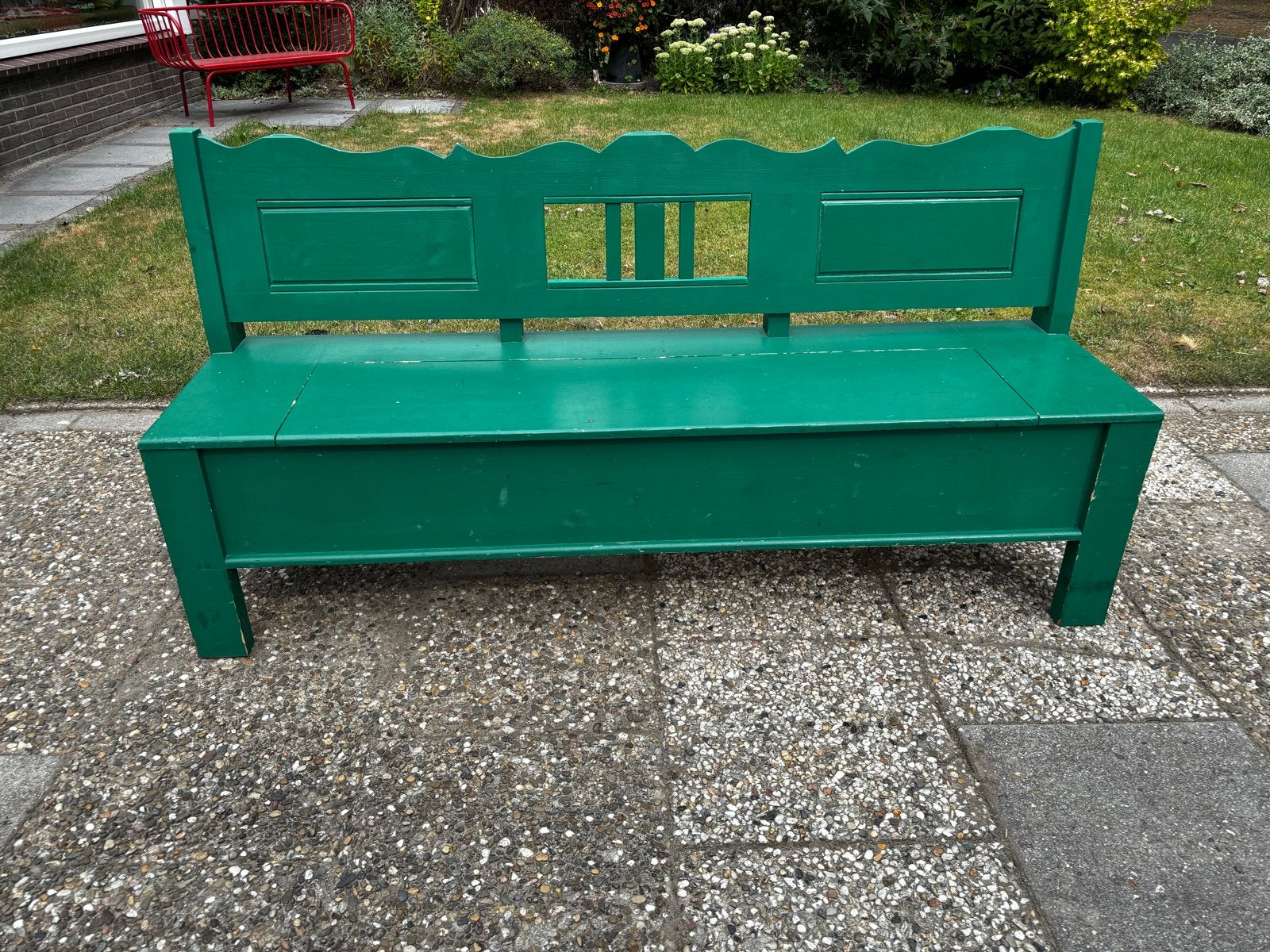 Groene houten klep bank met opbergruimte, Ophalen of Verzenden