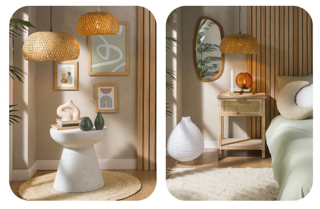 2 bamboe gevlochten naturel hang lampenkap 28 cm diameter, Ophalen of Verzenden, Zo goed als nieuw