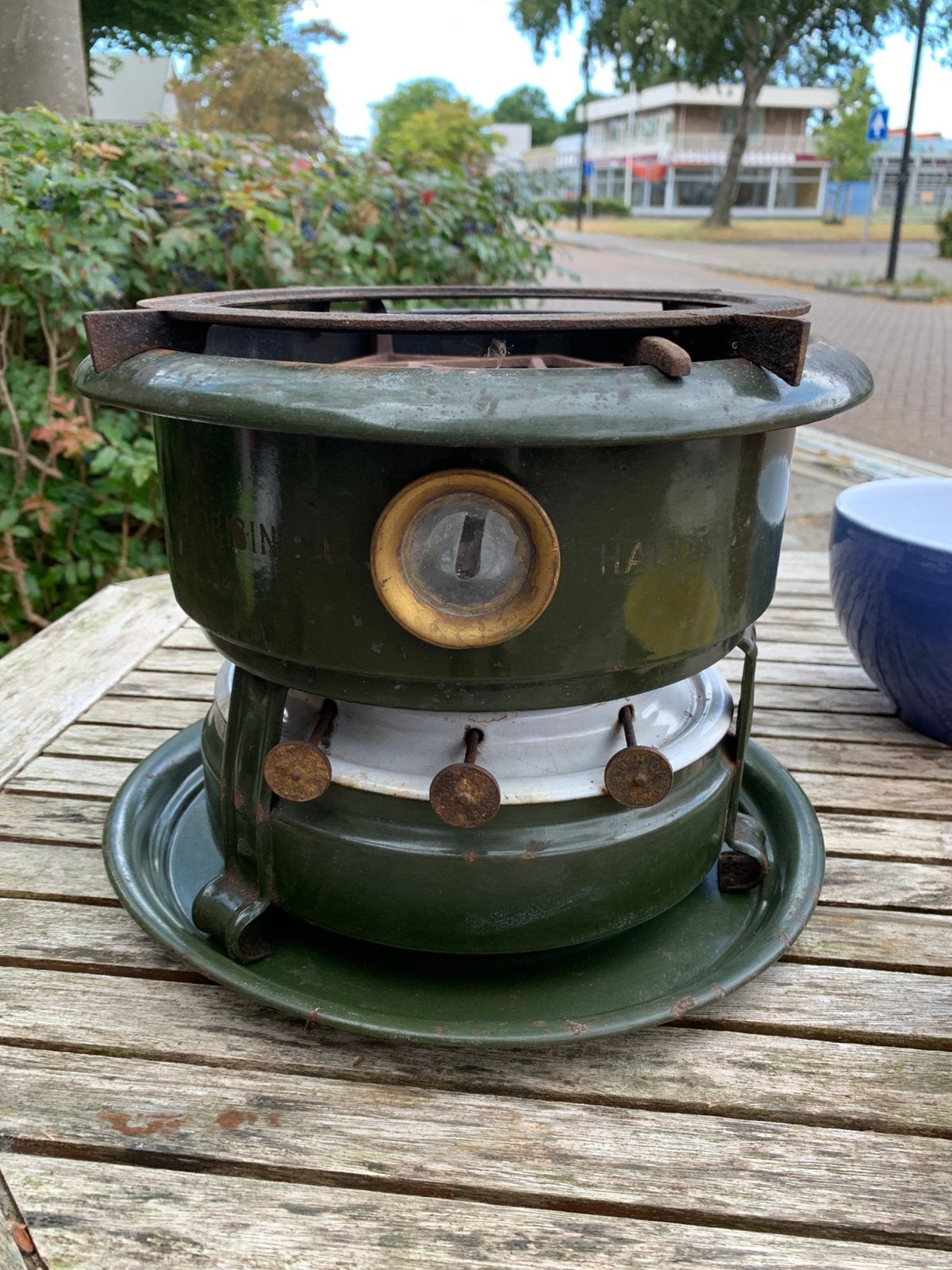 vintage grote Haller petroleumstel met donkergroene emaille, Verzenden