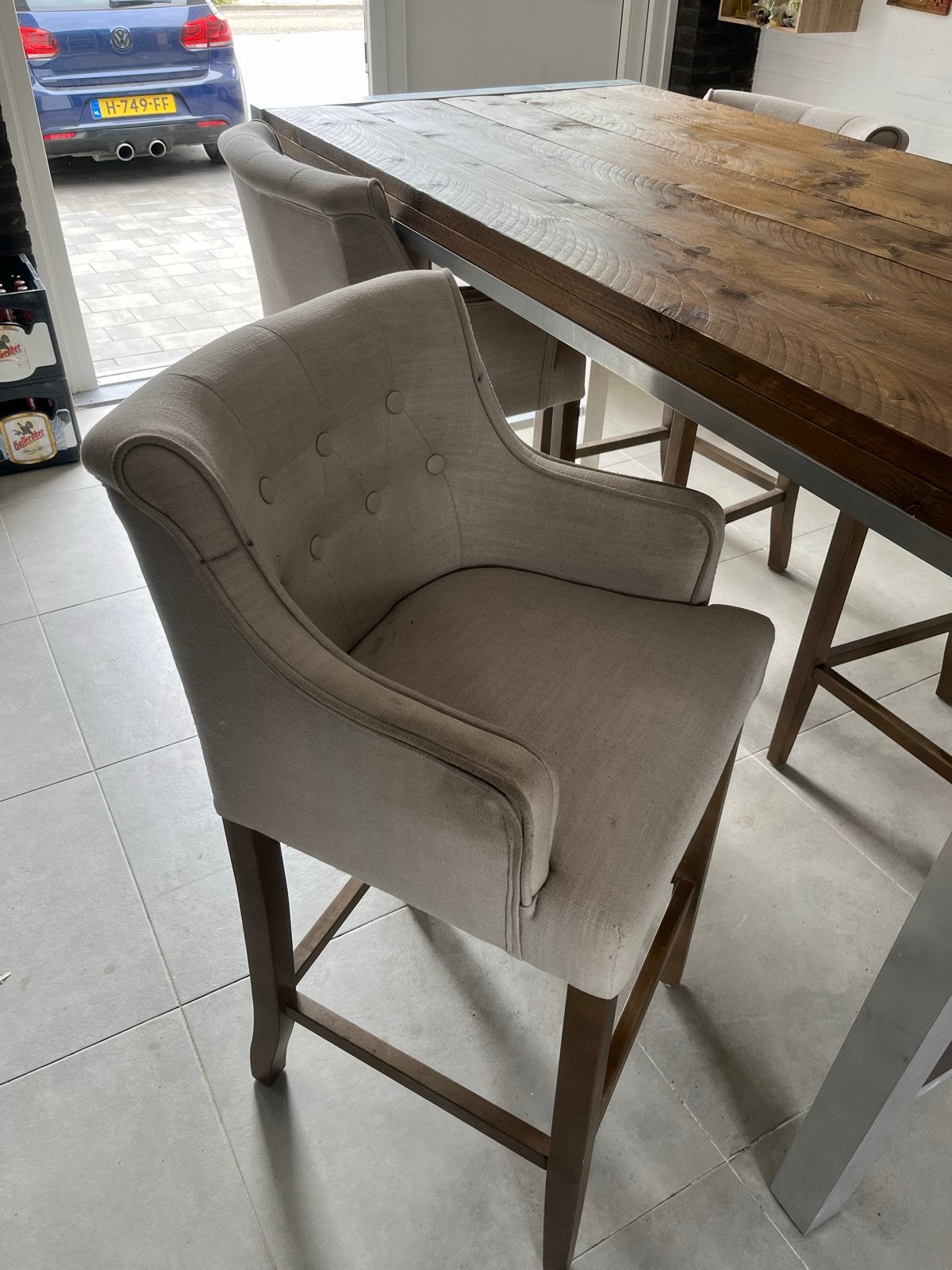 Hoge eettafel met 6 barkrukken, Huis en Inrichting, Barkrukken, Gebruikt, 90 cm of meer, Hout, 5 krukken of meer, Met voetsteun
