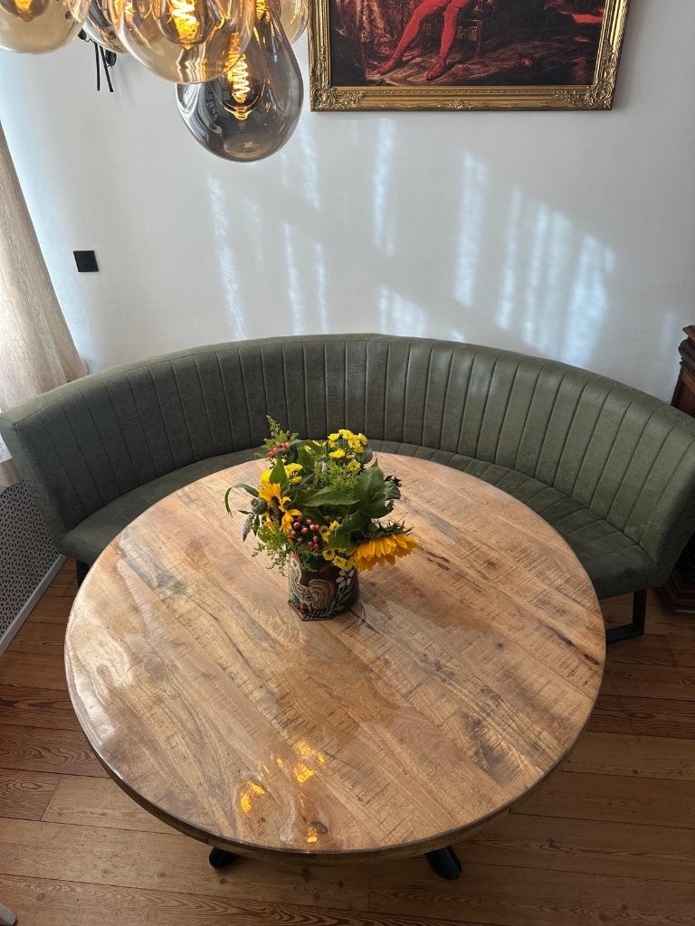 Ronde eettafel met halfronde eetbank, Ophalen, Overige materialen, 100 tot 150 cm, Rond