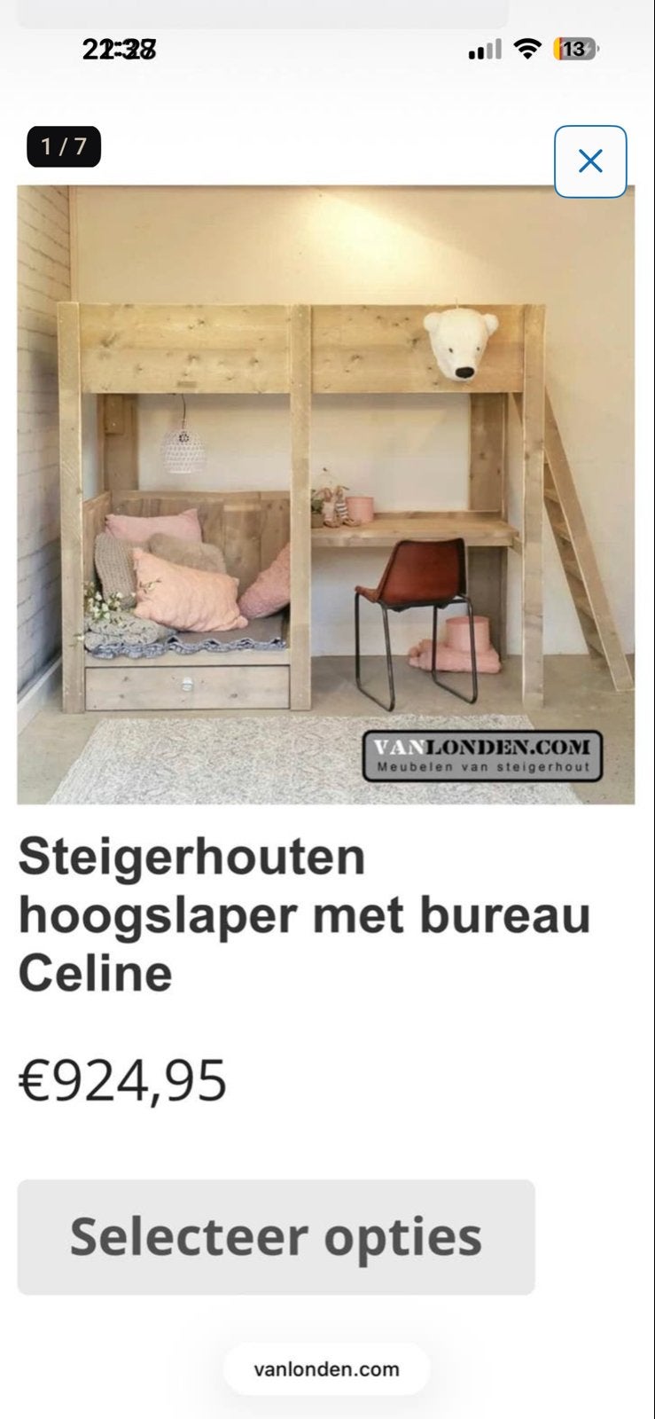 Steigerhouten hoogslaper met bureau en opbergruimte, Ophalen, Gebruikt, Eenpersoons, 200 cm