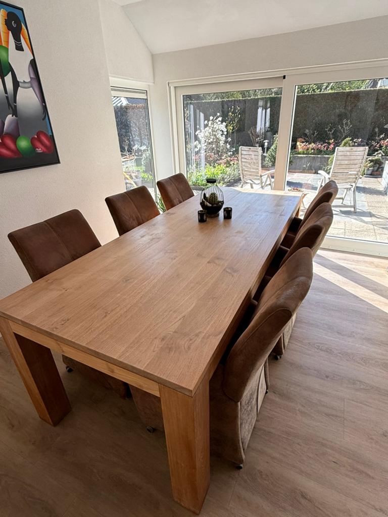 Eettafel teak en zes stoelen met wielen, Ophalen, Gebruikt, Teakhout, 200 cm of meer
