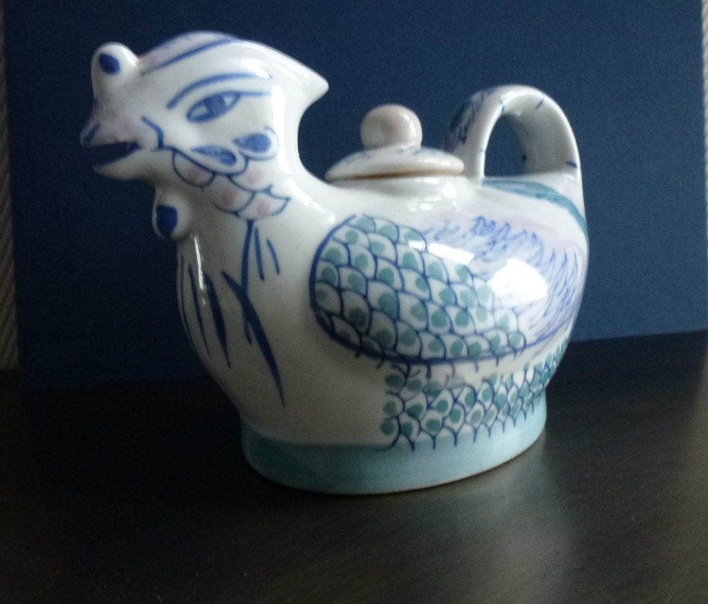 Vintage Chinese theepot van porselein in de vorm v. e. Vogel, 11 cm, Blauw, Overige typen, China