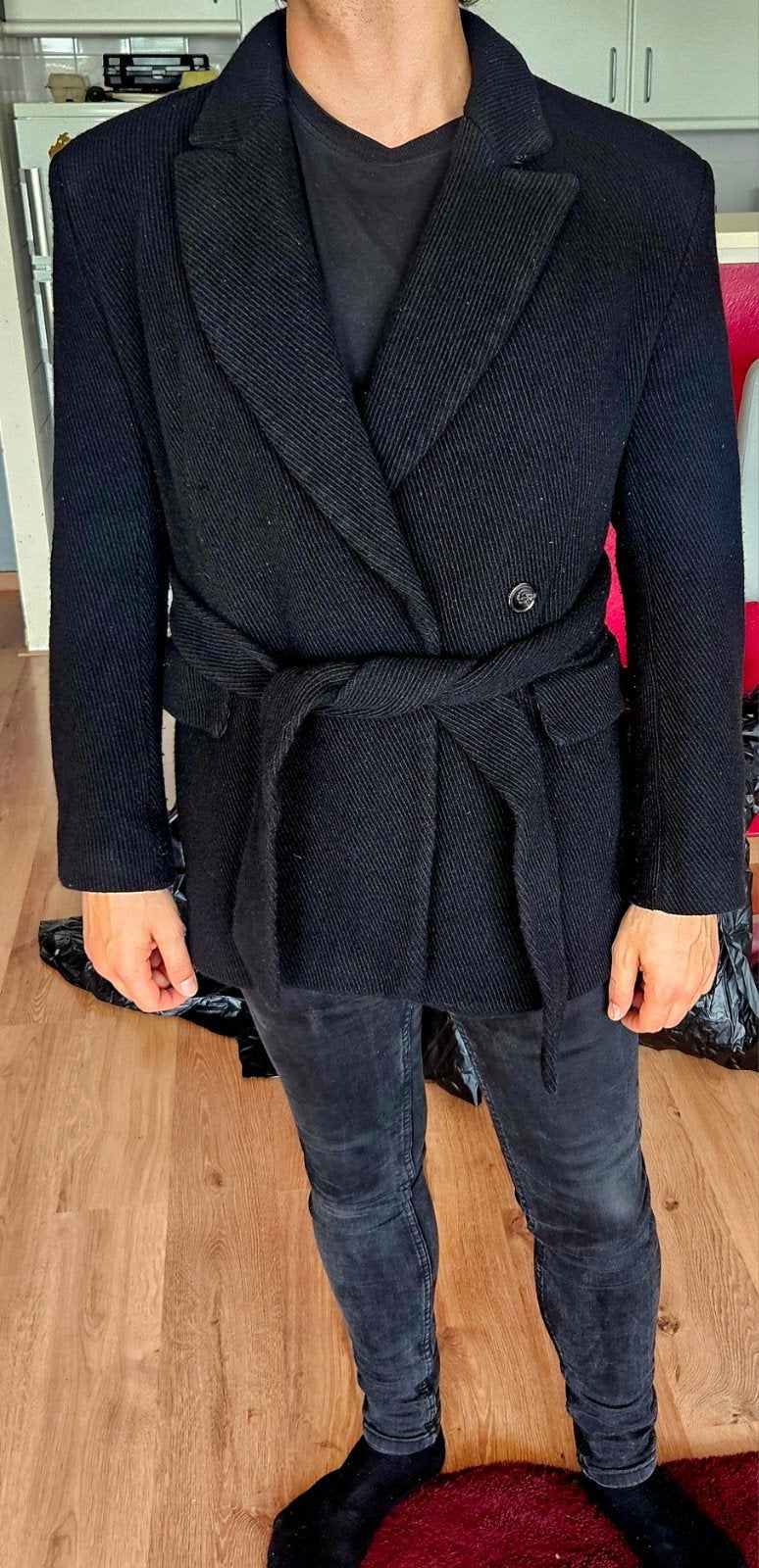 Elegante zwarte H&M Wool Blend jas met ceintuur, maat M, Verzenden
