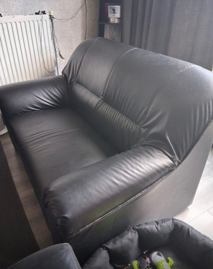 Zwarte leren tweezitsbank, Ophalen, Gebruikt, 150 tot 200 cm, Tweepersoons