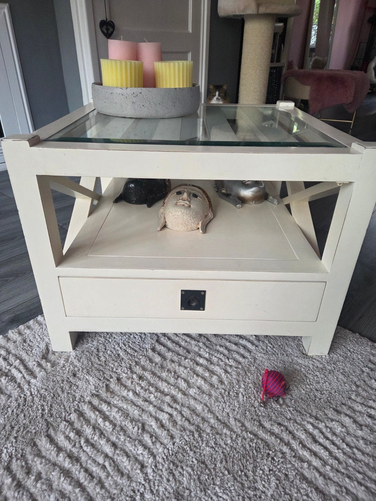 Crème salontafel met glasplaat en lade, Ophalen, Gebruikt, 50 tot 100 cm, Overige houtsoorten