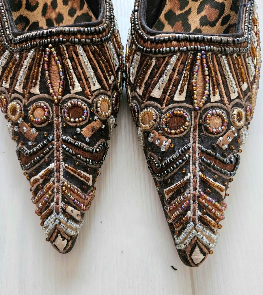 Pons Quintana geborduurde muiltjes met houten hak, Pons Quitana, Bruin, Nieuw, Sandalen of Muiltjes