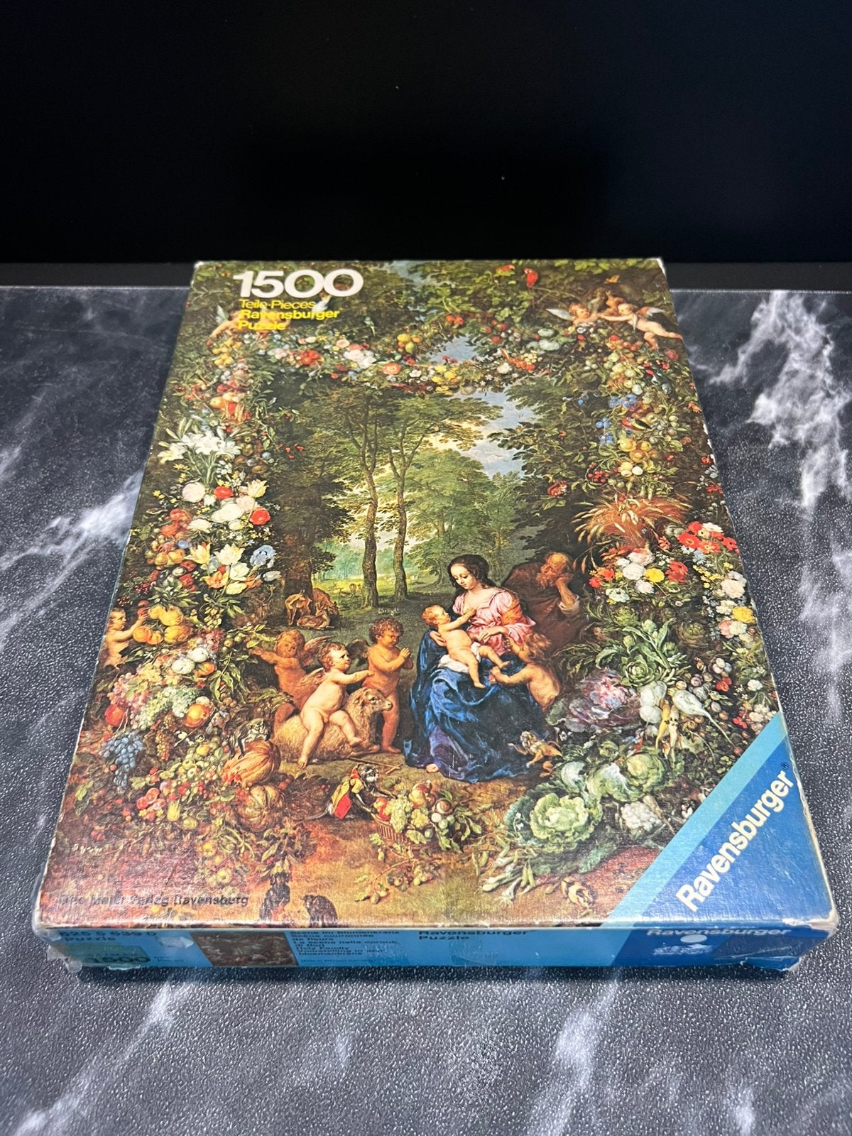 Vintage Ravensburger puzzel 1500 stukje Scene in bloemenkran, Ophalen of Verzenden, 500 t/m 1500 stukjes, Zo goed als nieuw